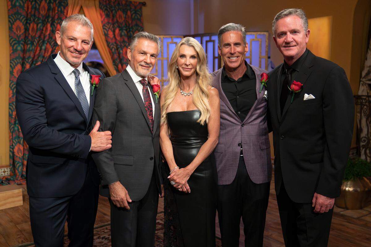 “Golden Bachelorette” Joan Vassos with the final four contestants on the show: Jordan H., Pascal, Guy C. and Chock Chapple.