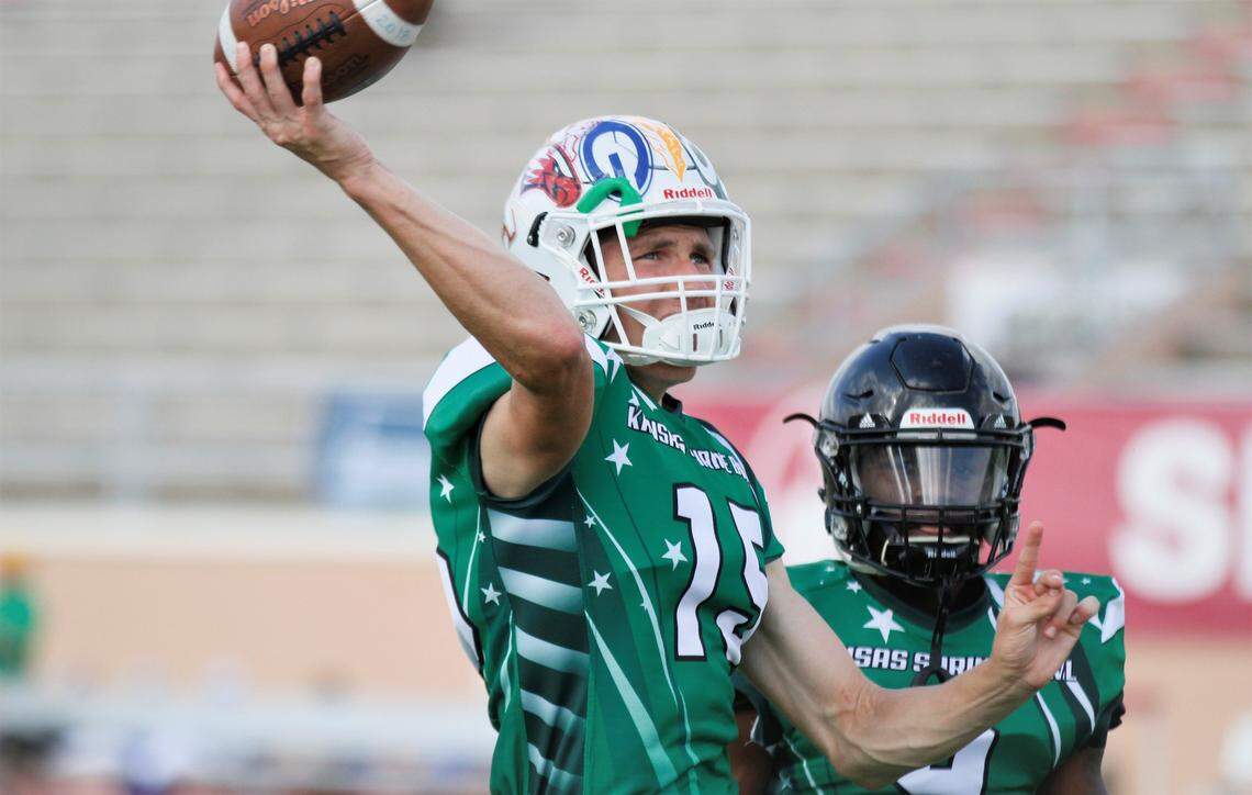 Maize’s Caleb Grill slings a pass ahead of the 2019 Kansas Shrine Bowl in Dodge City.
