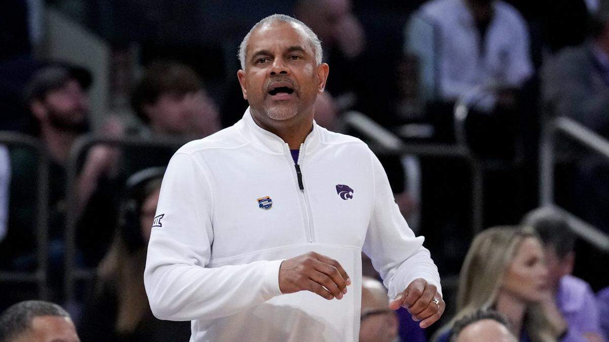 Kansas State Wildcats head coach Jerome Tang reacts as he works the bench against the Michigan State Spartans in the first half at Madison Square Garden on March 23, 2023.
