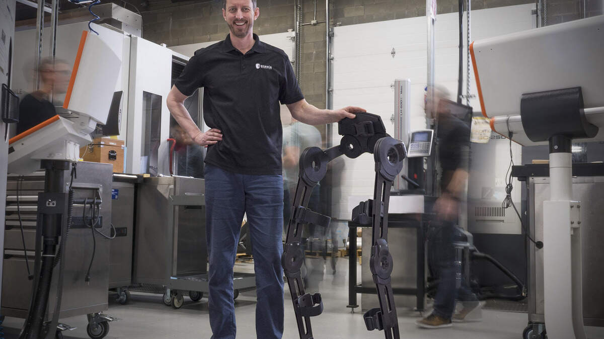 James Klassen, inventor of LiveDrive and chief technology officer of Genesis Robotics, stands next to the exoskeleton reference design built using LiveDrive actuators. Exoskeletons will help workers lift heavy objects with a lower risk of injury, improve prosthetics, allow soldiers to carry heavier loads and offer more natural mobility to people with physical restrictions.