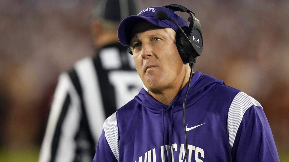 Kansas State head coach Chris Klieman looks to the scoreboard during the first half of an NCAA college football game against Iowa State, Saturday, Oct. 8, 2022, in Ames, Iowa. (Matthew Putney)