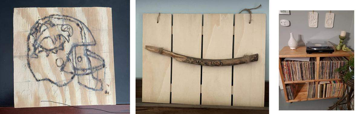 Silas Eichbauer made the items in the left and middle on his own when he was around 10. He built the record player stand on the right with help from his father.