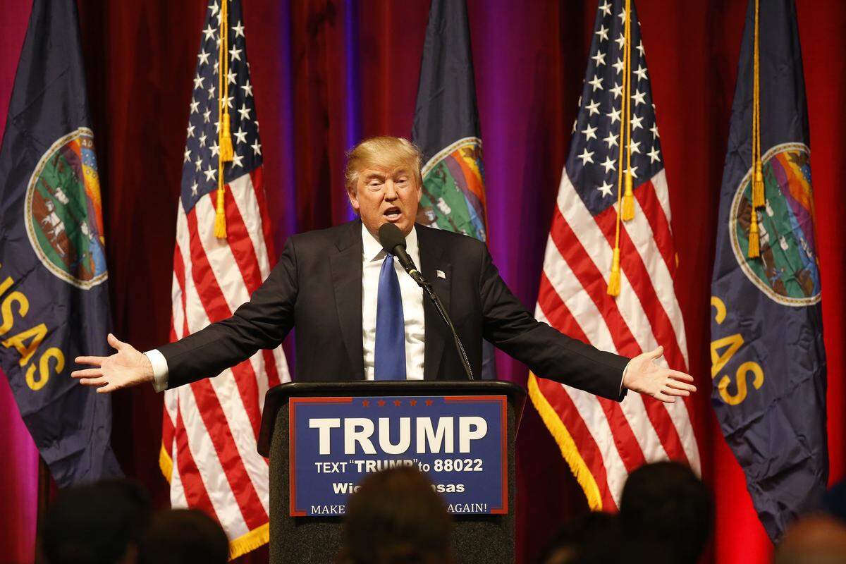 Donald Trump addresses his supporters at a rally before the start of the Kansas GOP caucus in Wichita in 2016. (March 5, 2016)