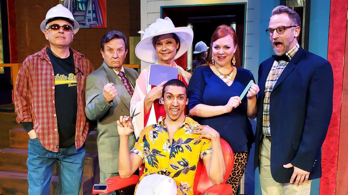 Ray Wills, Tom Frye, Charleen Ayers, Jen Bechter, Ted Dvorak and , seated is Simeon Rawls star in the comedy “Shear Madness.”