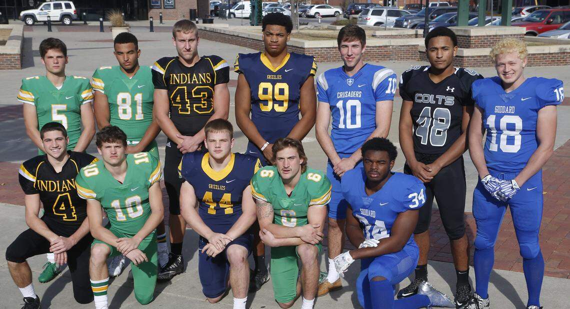 All Metro Team, defense (front row from left): (November 28, 2018) Scott Easter, Andale defensive back, Dax Benway, Derby, defensive end, Josh Carter, Northwest, linebacker, Jackson Syring, Derby kicker, Dhimani Butler, Goddard linebacker.  Back row from left: Hunter Igo, Derby, defensive back, Isaac Keener, Derby defensive end, Mason Fairchild, Andale defensive end, Marcus Hicks, Northwest defensive end, Scott Valentas, Kapaun defensive back, Quinton Hicks, Campus linebacker, Zeke Howell, Goddard nose guard.