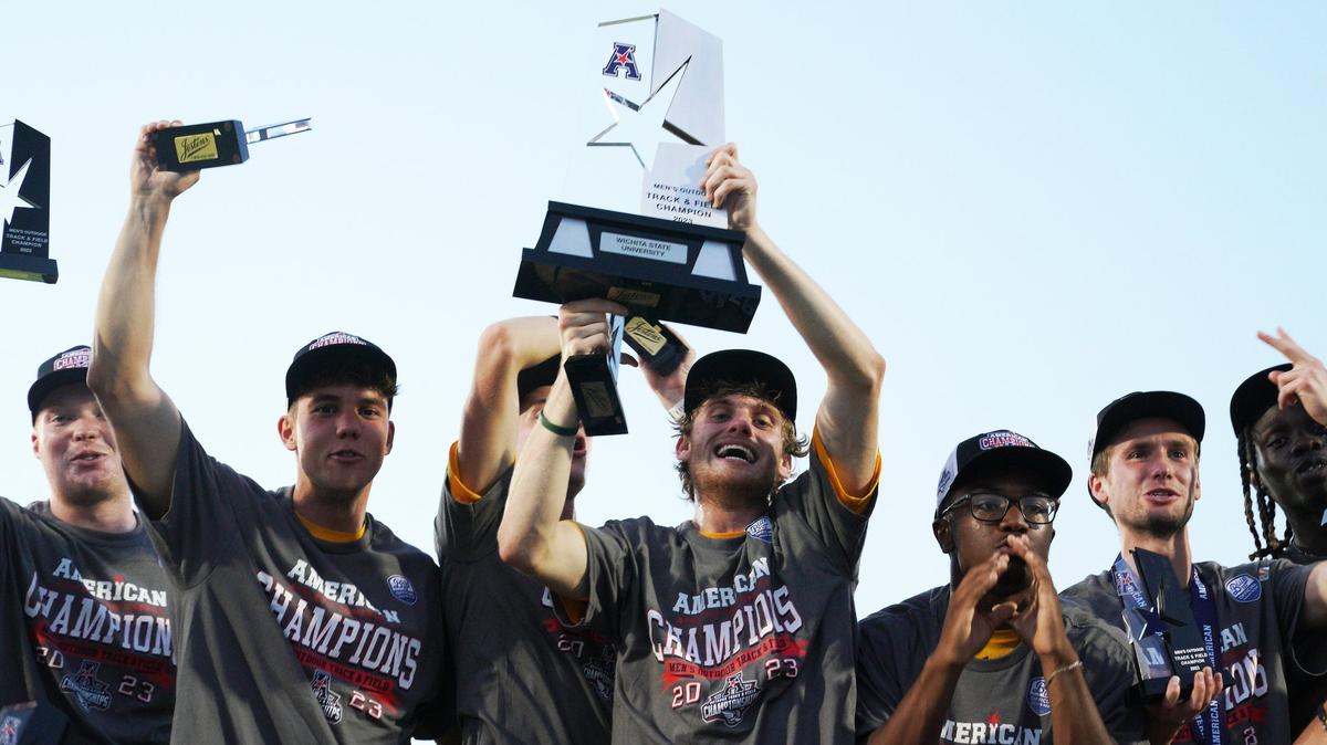 The Wichita State men’s track and field team celebrates its stunning victory at the American Athletic Conference Outdoor Championships in Tampa on Sunday.