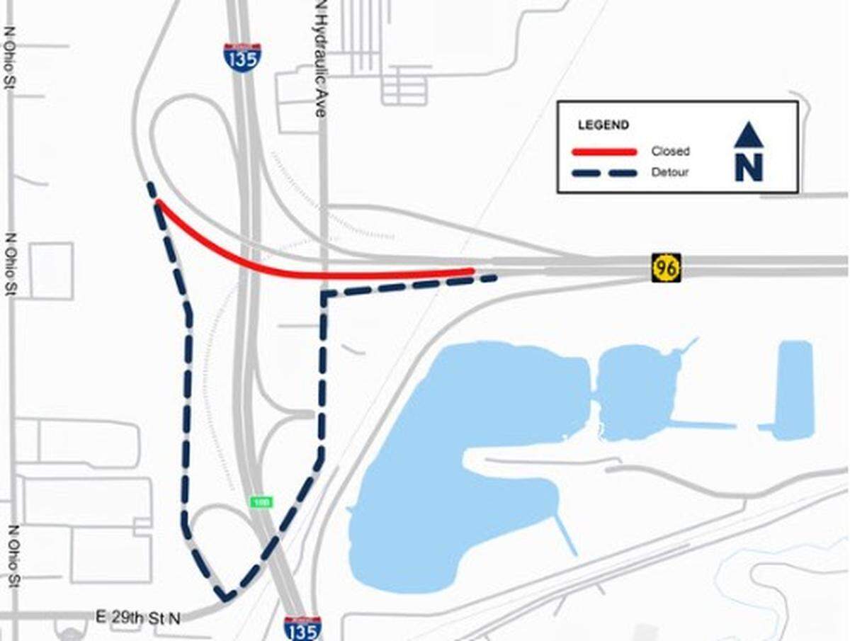 Southbound motorists on I-135 should leave the highway at 29th Street N. then turn north onto Hydraulic and use a new ramp to go onto eastbound K-96.