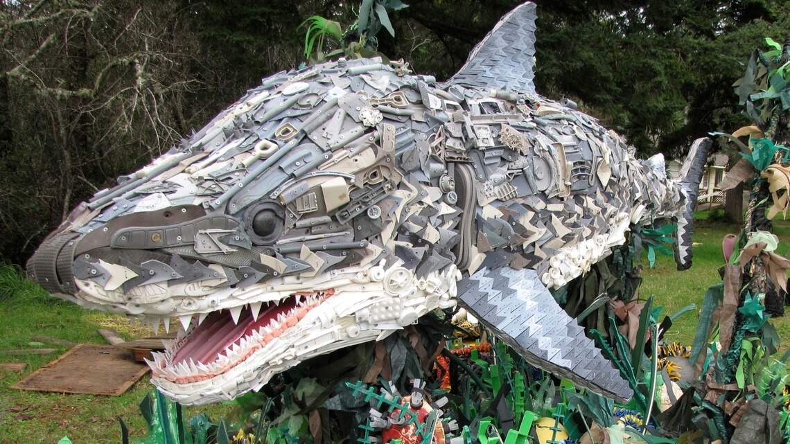 Botanica staging exhibit featuring sea creature sculptures made with ocean garbage