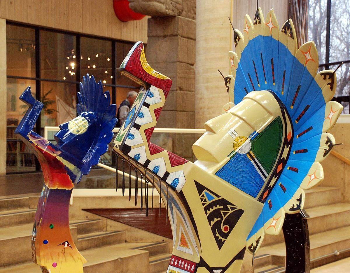 Local artists created colorful fiberglass replicas of the Keeper of the Plains several years ago. Many Wichitans loved them, but some indigenous people found them offensive since the sculpture is sacred to them.