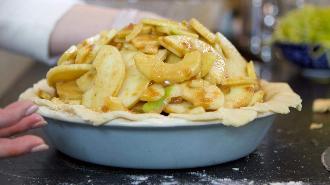 Granny Smith apples make up the filling of this Dulce De Leche Apple Pie.