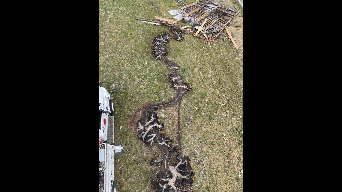 A photo shared by Polk County Rural Public Power District in Nebraska showed the track electricity took in the soil after a power line was downed on April 22. 