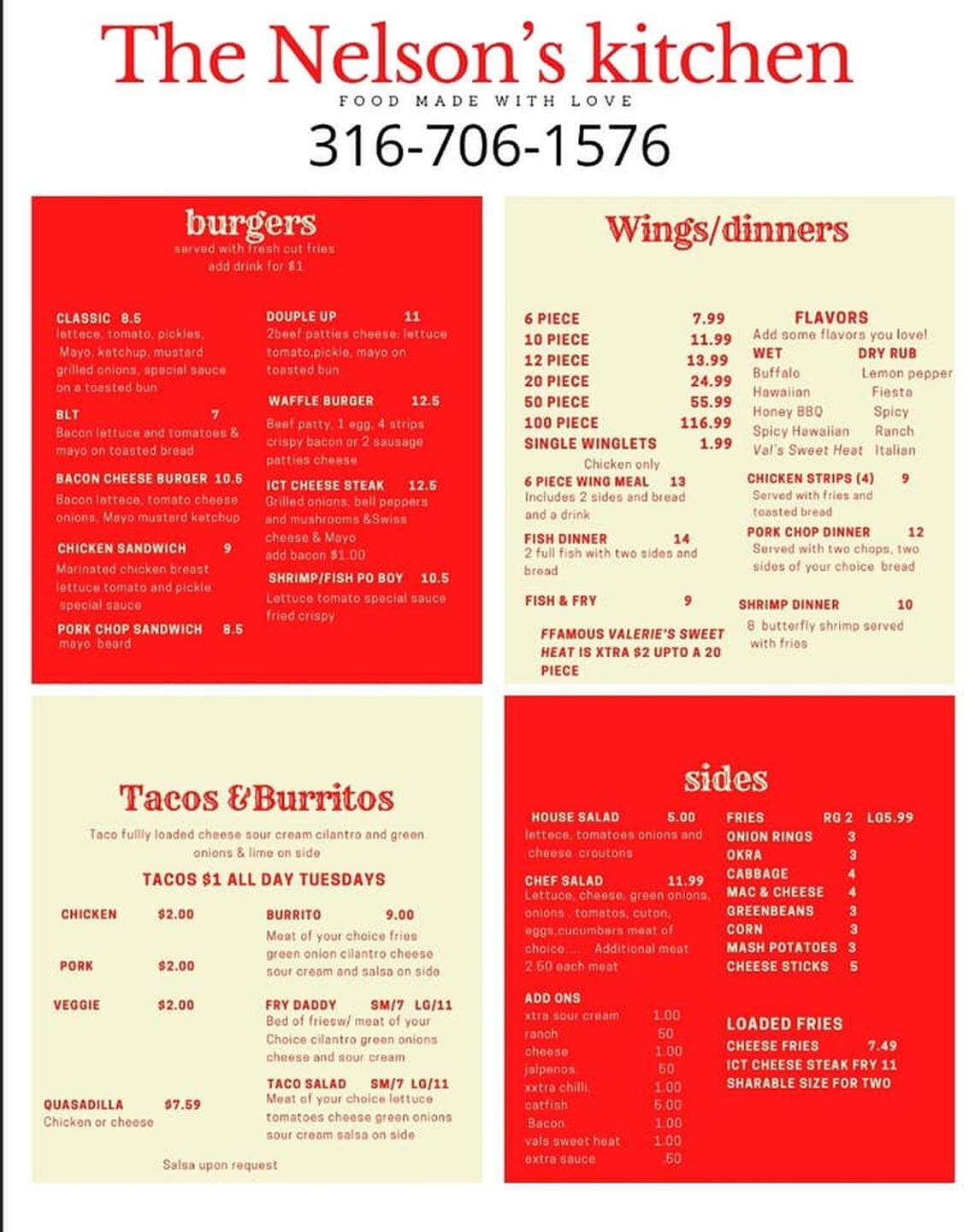 The menu for The Nelson’s Kitchen, a new carryout-only restaurant at 6829 E. Kellogg