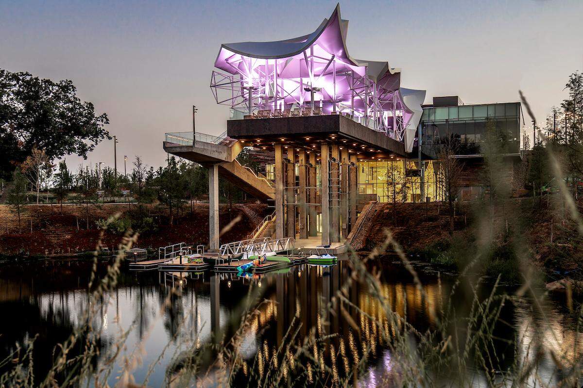 8/27/18 8:06:35 PM -- Photos of the Oneok Boathouse at night. Photo by Shane Bevel