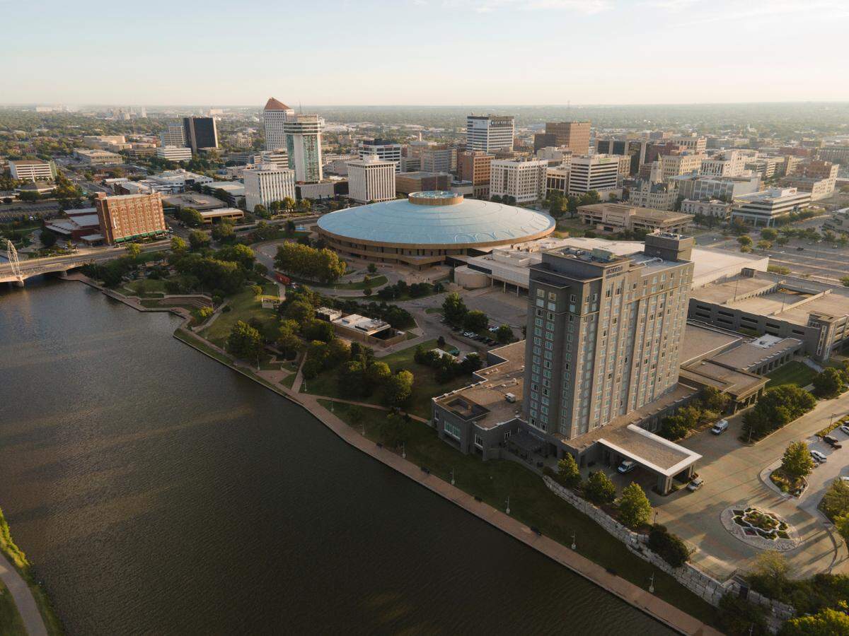 Downtown Wichita skyline with the Arkansas River in the foreground.​ (September 27, 2021)