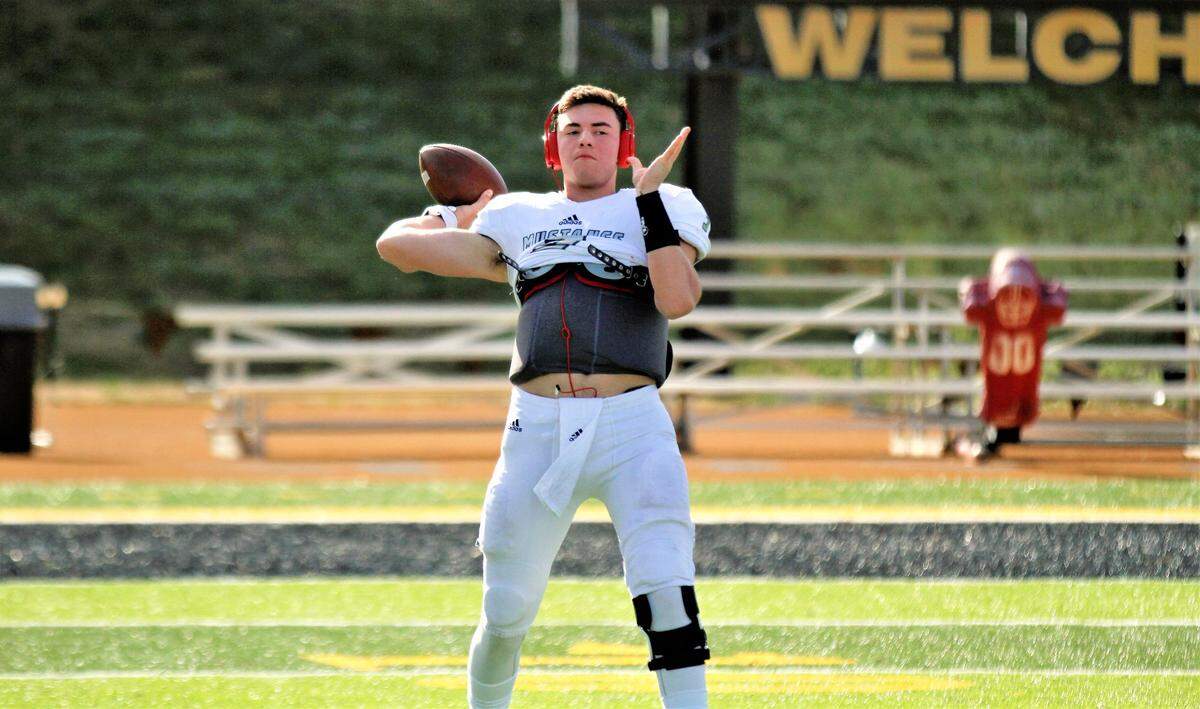 Blue Valley North quarterback Graham Mertz was 18-of-37 passing for 233 yards and two touchdowns in the Mustangs state championship loss to Derby on Saturday in Emporia. (Nov. 24, 2018)