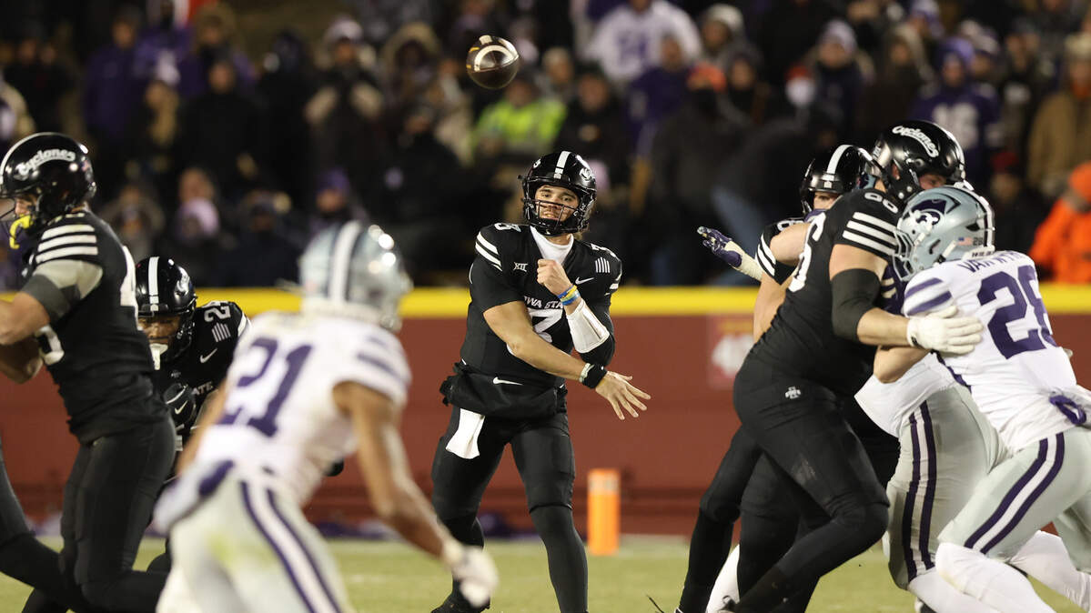 Nov 30, 2024; Ames, Iowa,  USA;  Iowa State Cyclones quarterback Rocco Becht (3) throws a pass against the Kansas State Wildcats in the fourth quarter at Jack Trice Stadium. Mandatory Credit: Reese Strickland-Imagn Images