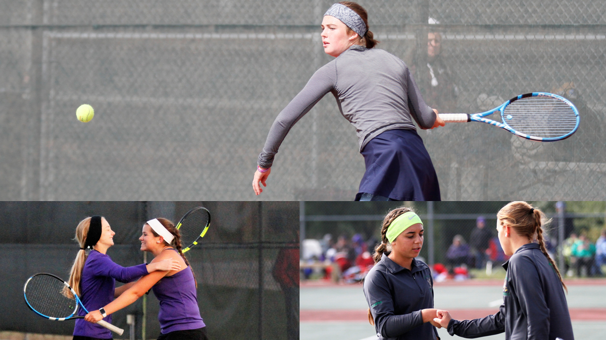 Kapaun’s Clara Whitaker (top), Arkansas City’s Kelsie Burr/Jacey Arnett (left) and Bishop Carroll’s Lauren Steven/Paige Stranghoner (right) all won 2018 Kansas Class 5A state championships Saturday in Emporia. (Oct. 13, 2018)
