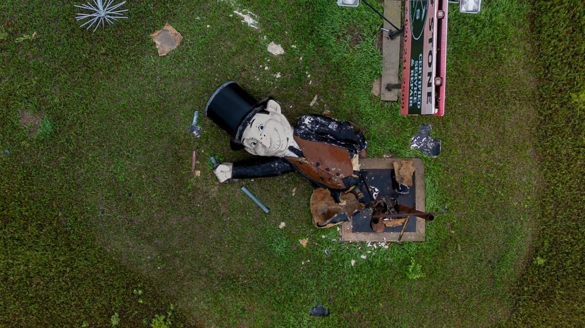 An aerial shot of the famous chimney sweet statue’s destruction was taken on Tuesday by McPherson photographer James Mickley.