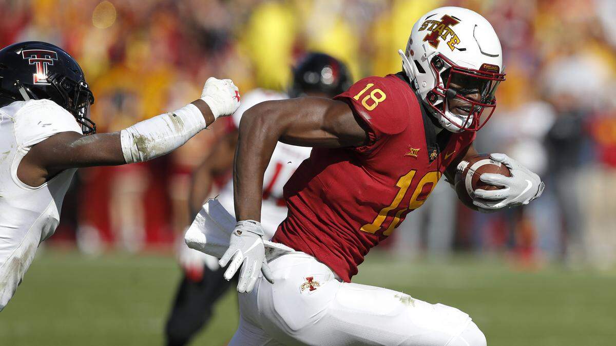 Iowa State wide receiver Hakeem Butler (18) runs up field after catching a pass during the second half of an NCAA college football game against Texas Tech, Saturday, Oct. 27, 2018, in Ames, Iowa. Iowa State won 40-31. (AP Photo/Charlie Neibergall)