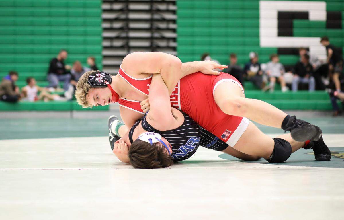 Maize sophomore Ayden Flores had a dominant run to the 182-pound division championship at the Derby wrestling tournament last Saturday.