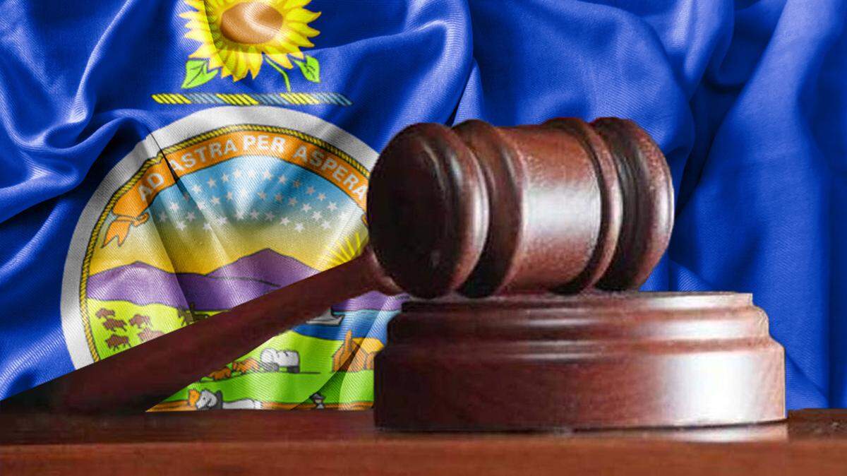 Ruffled waving United States Kansas flag national court justice gavel courtroom judge