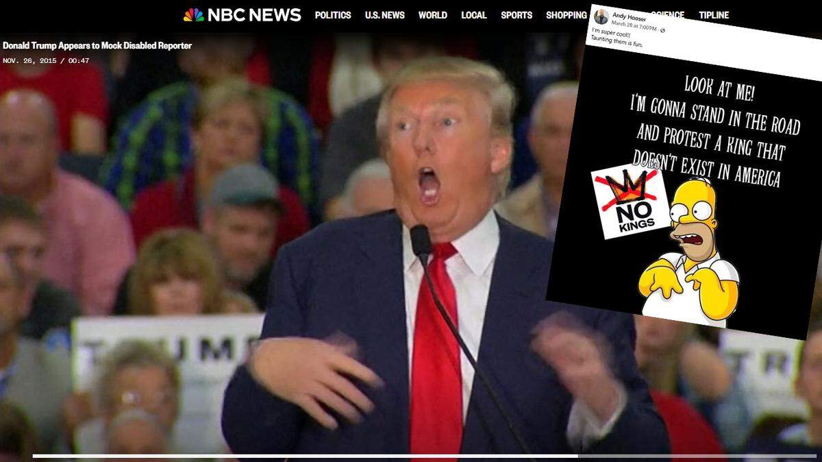 Donald Trump contorting himself to mock a reporter’s physical disability bears an uncanny resemblance to a Homer Simpson meme posted by syndicated talk-show host Andy Hooser of Wichita mocking “No Kings” protesters.