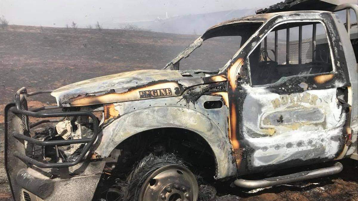 Flames consumed this fire truck near Butler, Oklahoma.