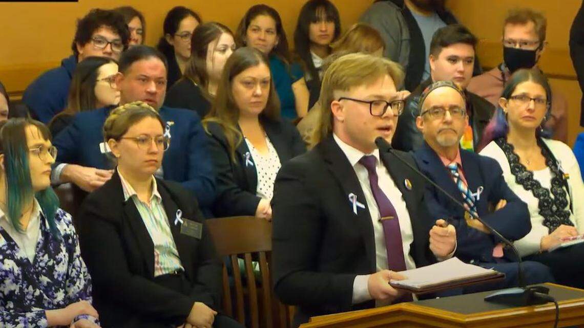 D.C. Hiegert, a transgender individual and ACLU lawyer, speaks against a Kansas bill to outlaw gender-affirming care for minors.
