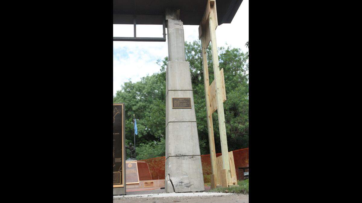 The entryway to the Kansas Korean War Memorial in Wichita was heavily damaged when it was hit by a car Monday night. Firefighters shored up the area overnight. The area was blocked off Tuesday morning.