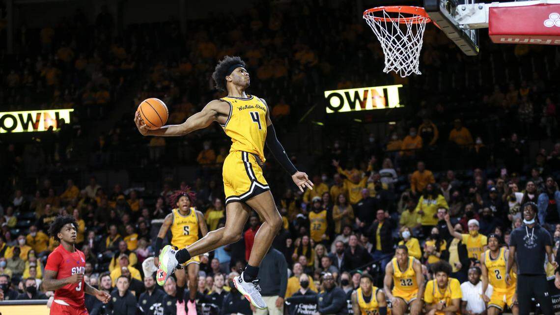 Wichita State’s Ricky Council IV elevates for a dunk late in the second half against SMU on Saturday at Koch Arena.