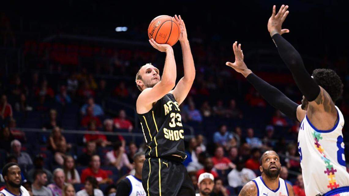 Conner Frankamp makes an early three-pointer for the AfterShocks in their semifinal game in The Basketball Tournament against Americana For Autism in Dayton on Saturday afternoon.