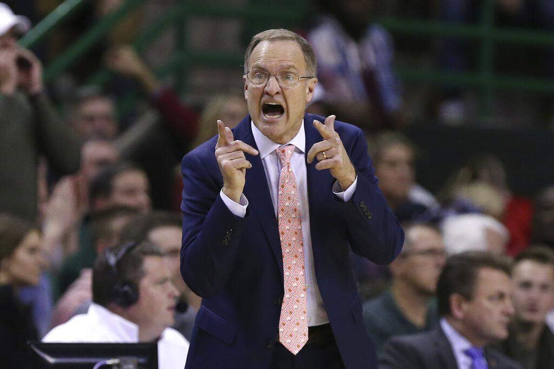 Oklahoma head coach Lon Kruger calls a play to his players in the second half of an NCAA college basketball game against Baylor Monday, Jan. 20, 2020, in Waco, Texas. (AP Photo/ Jerry Larson)