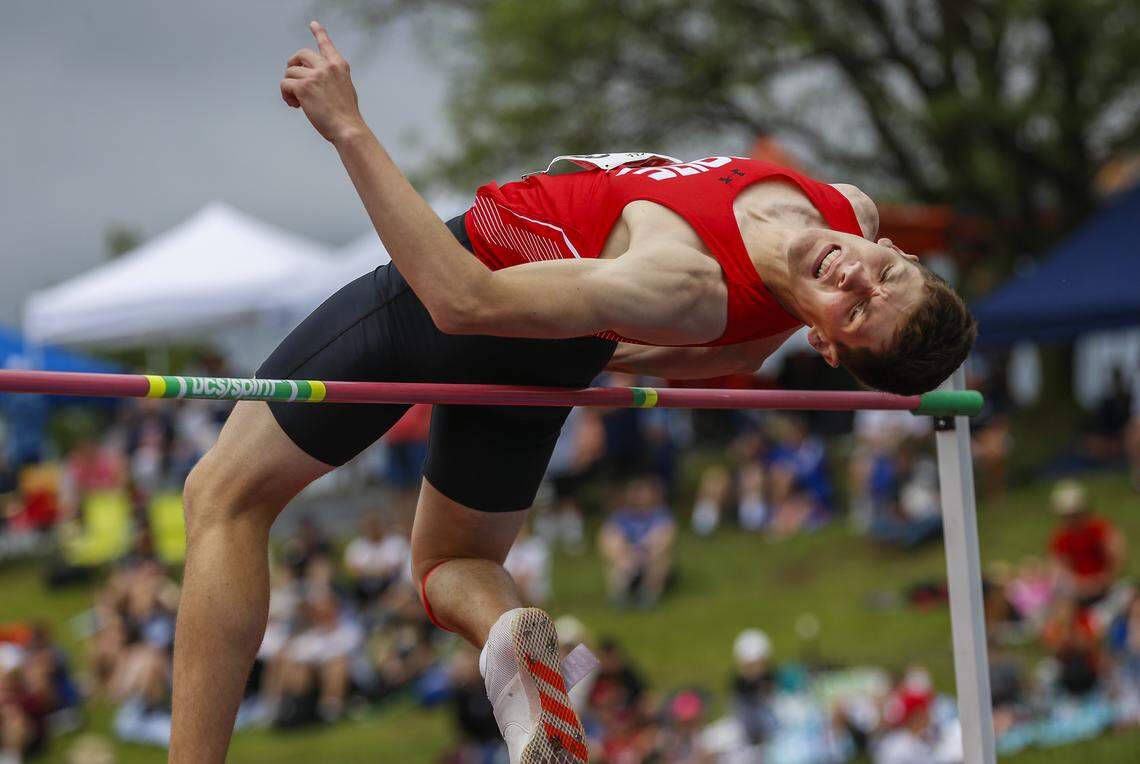 Maize’s Caleb Grill won the 5A High Jump at the Track and Field State Championships at Cessna Stadium Saturday. (May 25, 2019)
