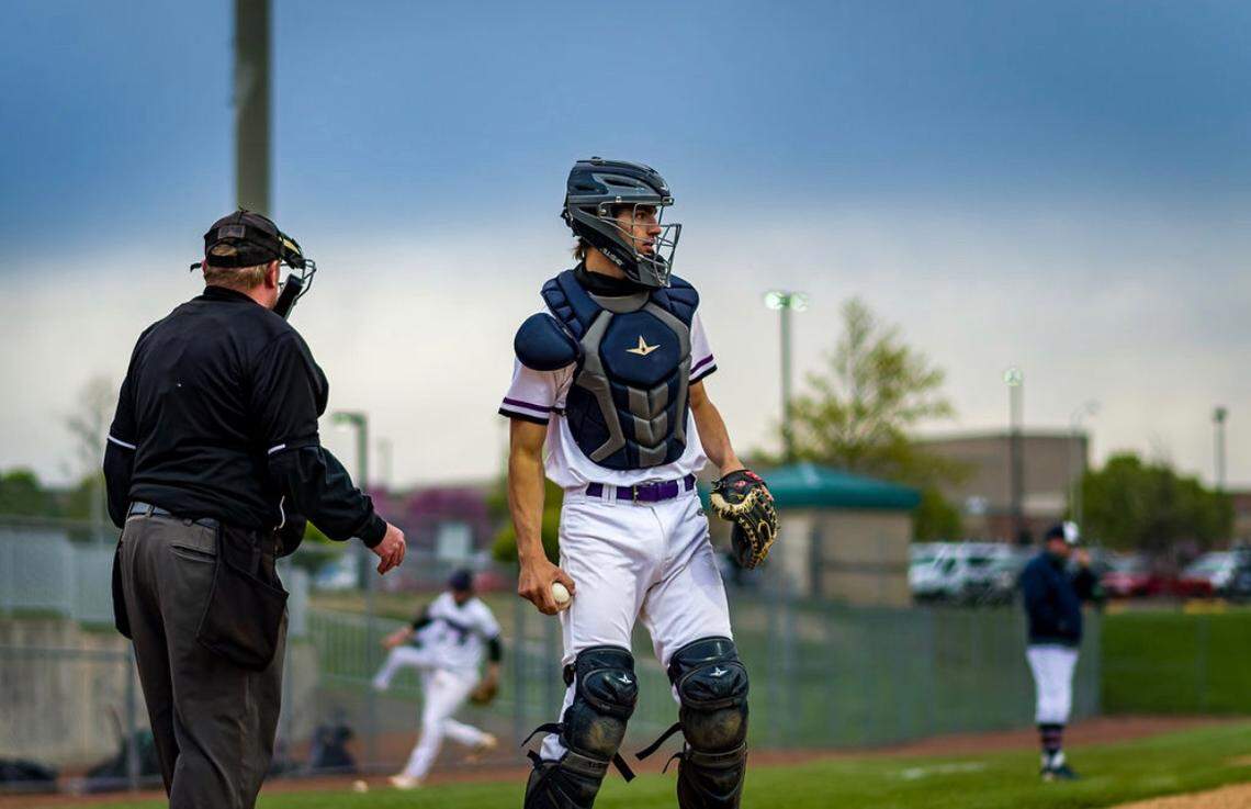 Blue Valley Northwest catcher Mikey Pauley during a high school baseball game.