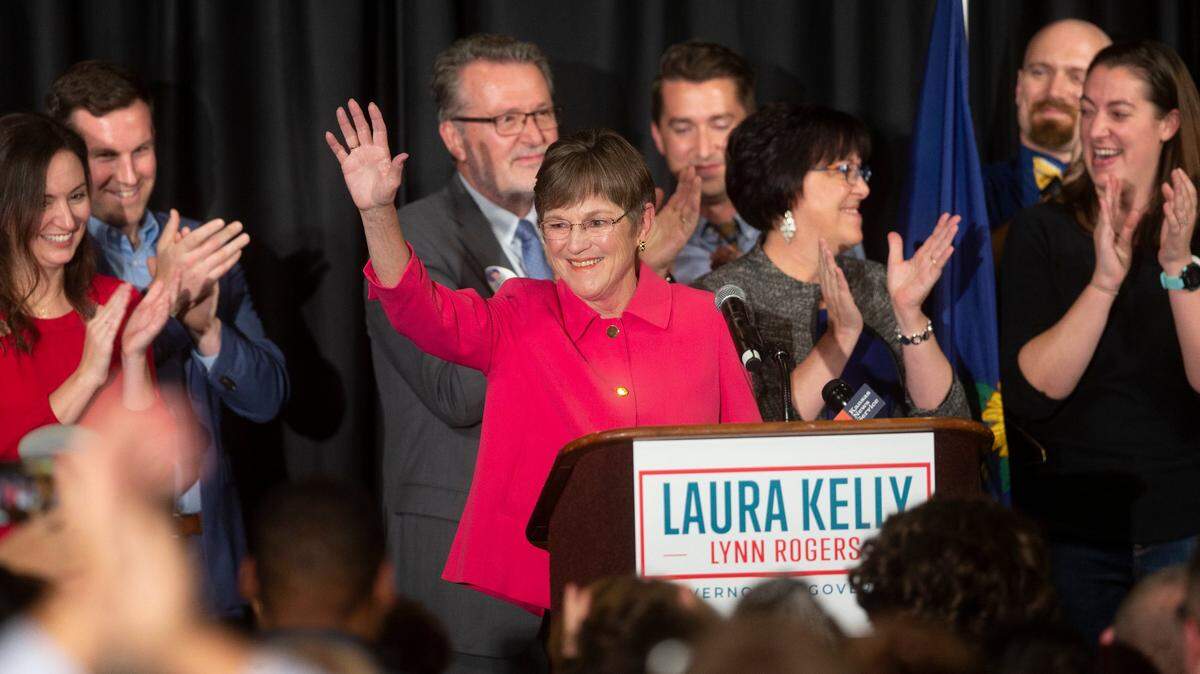 Governor-elect Laura Kelly thanks supporters during an election-night party at the Ramada in Topeka on Tuesday night.