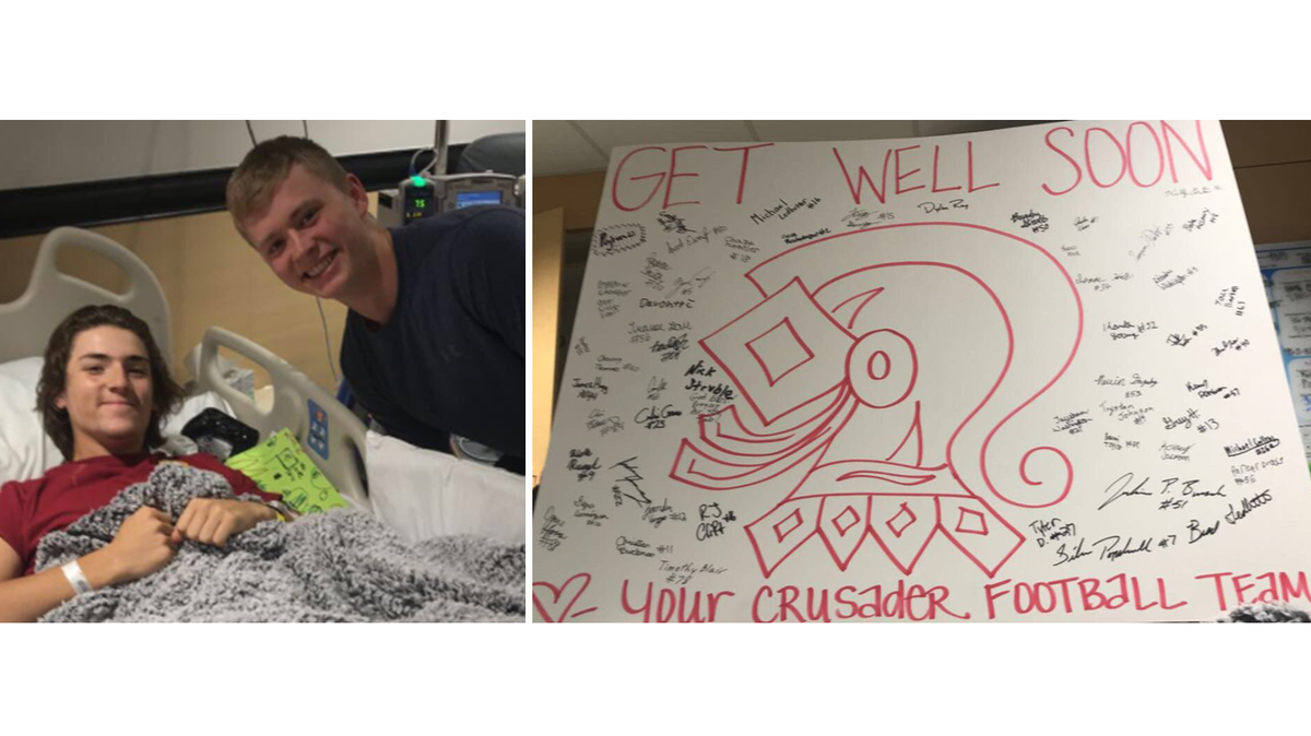 Mulvane sophomore quarterback Tab Creekmore meets with rival Wellington quarterback Michael Ledbetter in the hospital after his season-ending leg injury.
