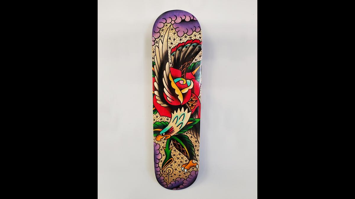A skateboard painted by local artist Sloan Smith is party of a new CityArts skateboard exhibition, which opens on Friday.