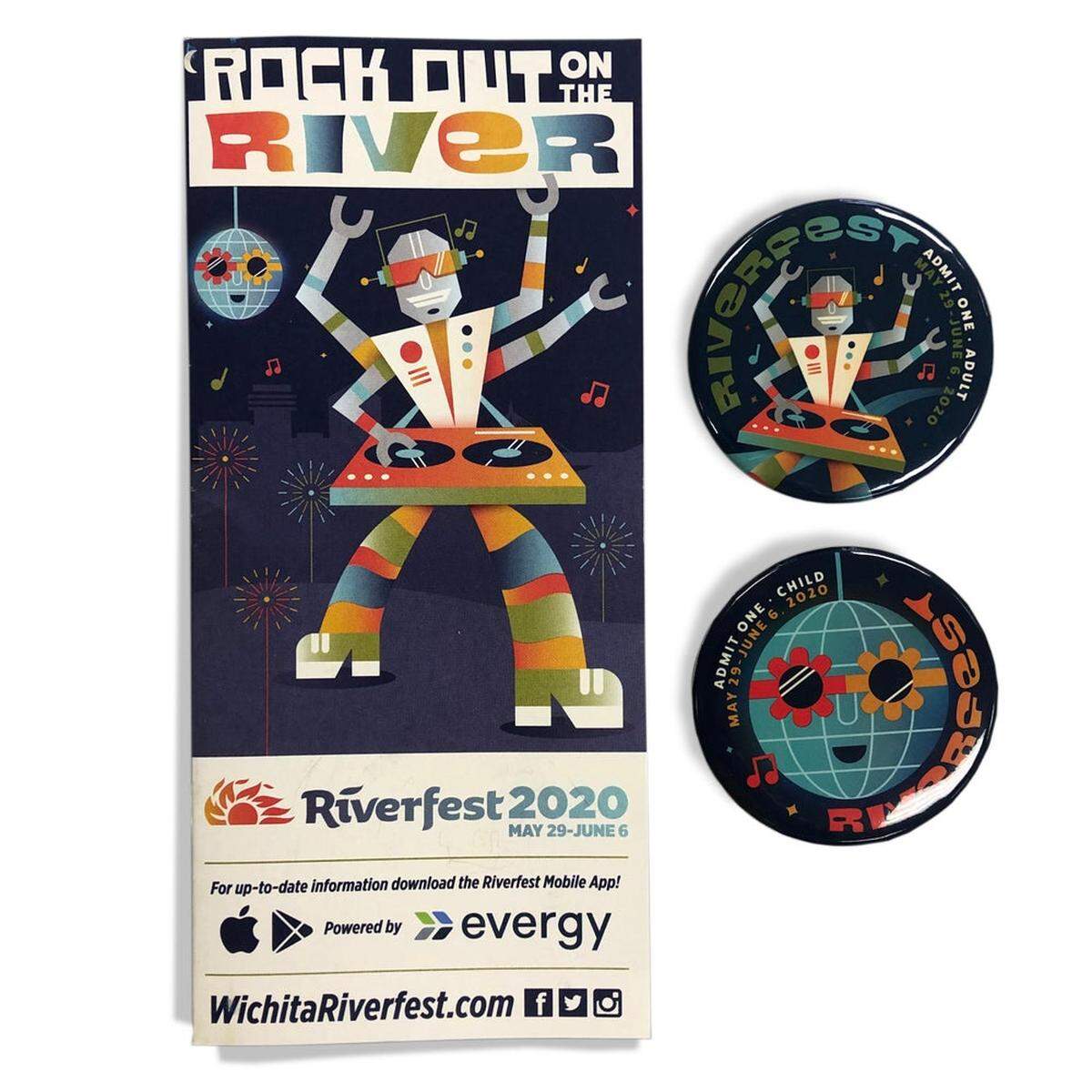 A limited number of button packs and souvenir packs are available on the Wichita Riverfest website.