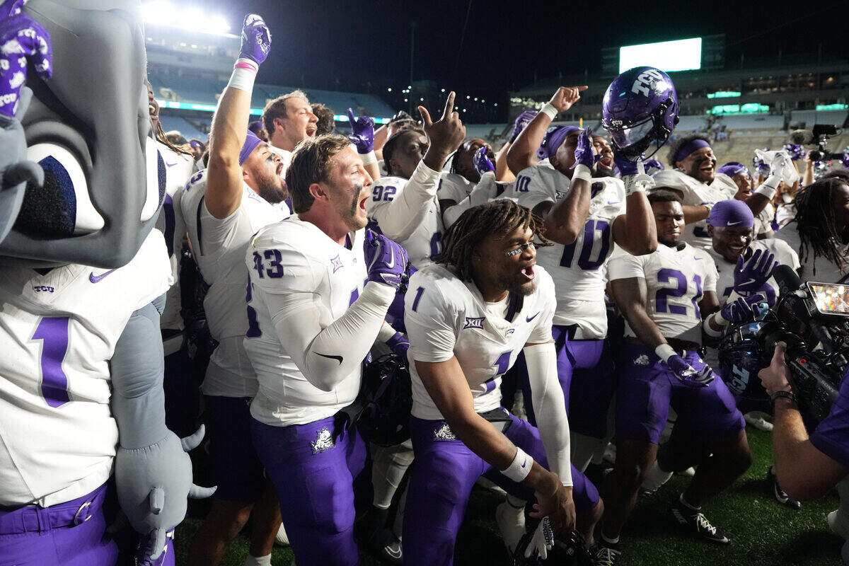 TCU Horned Frogs players celebrate after the game at Kenan Stadium in Chapel Hill, North Carolina, on Sept. 1, 2025.