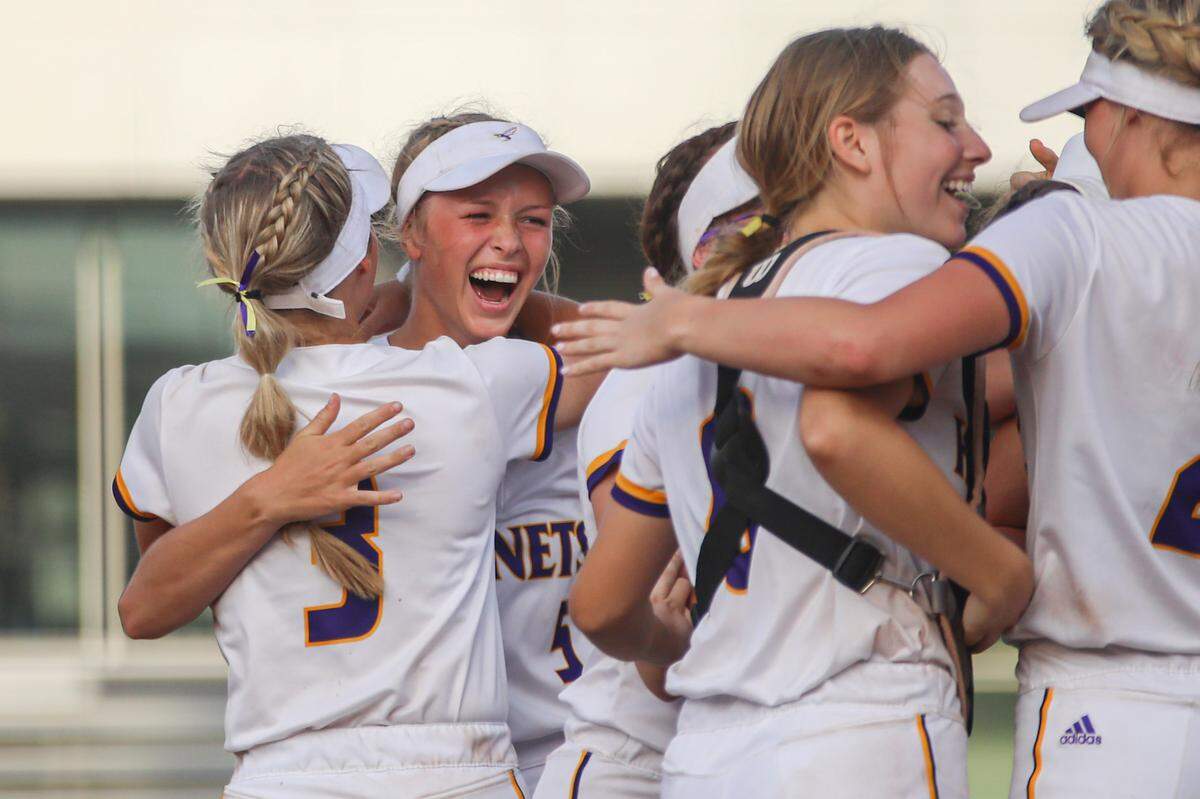 Valley Center celebrates their win over Basehor-Linwood for the 5A state championship at Wilkins Stadium on Saturday, May 28, 2022.