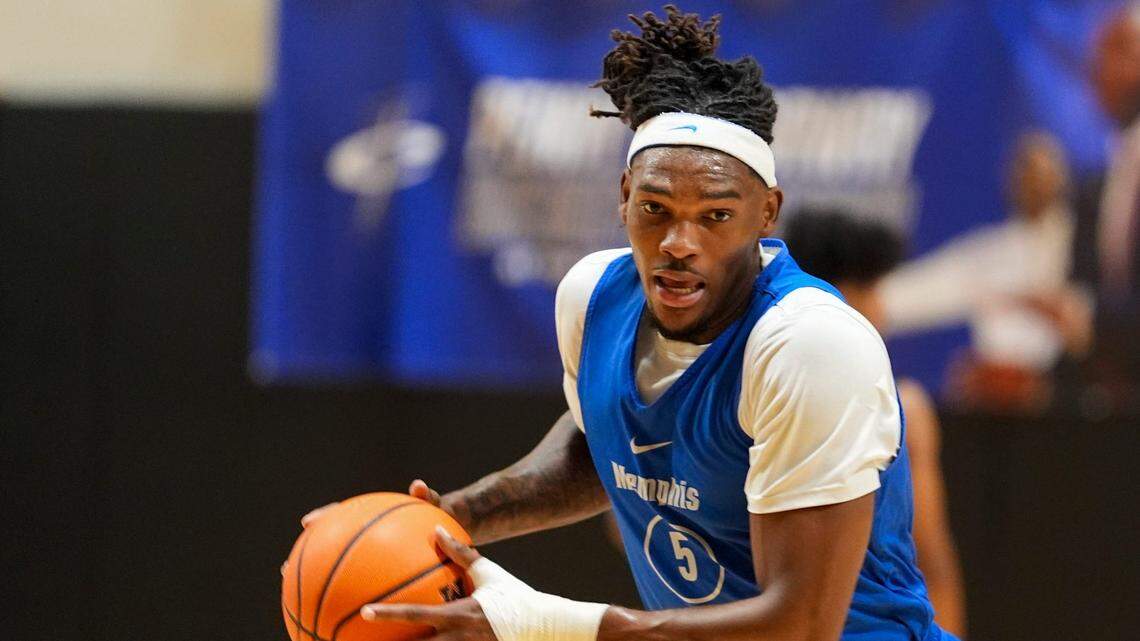 Memphis’ Tyreek Smith (5) runs a drill during a pro day event at the Laurie-Walton Basketball Center at the University of Memphis on Thursday, October 3, 2024.