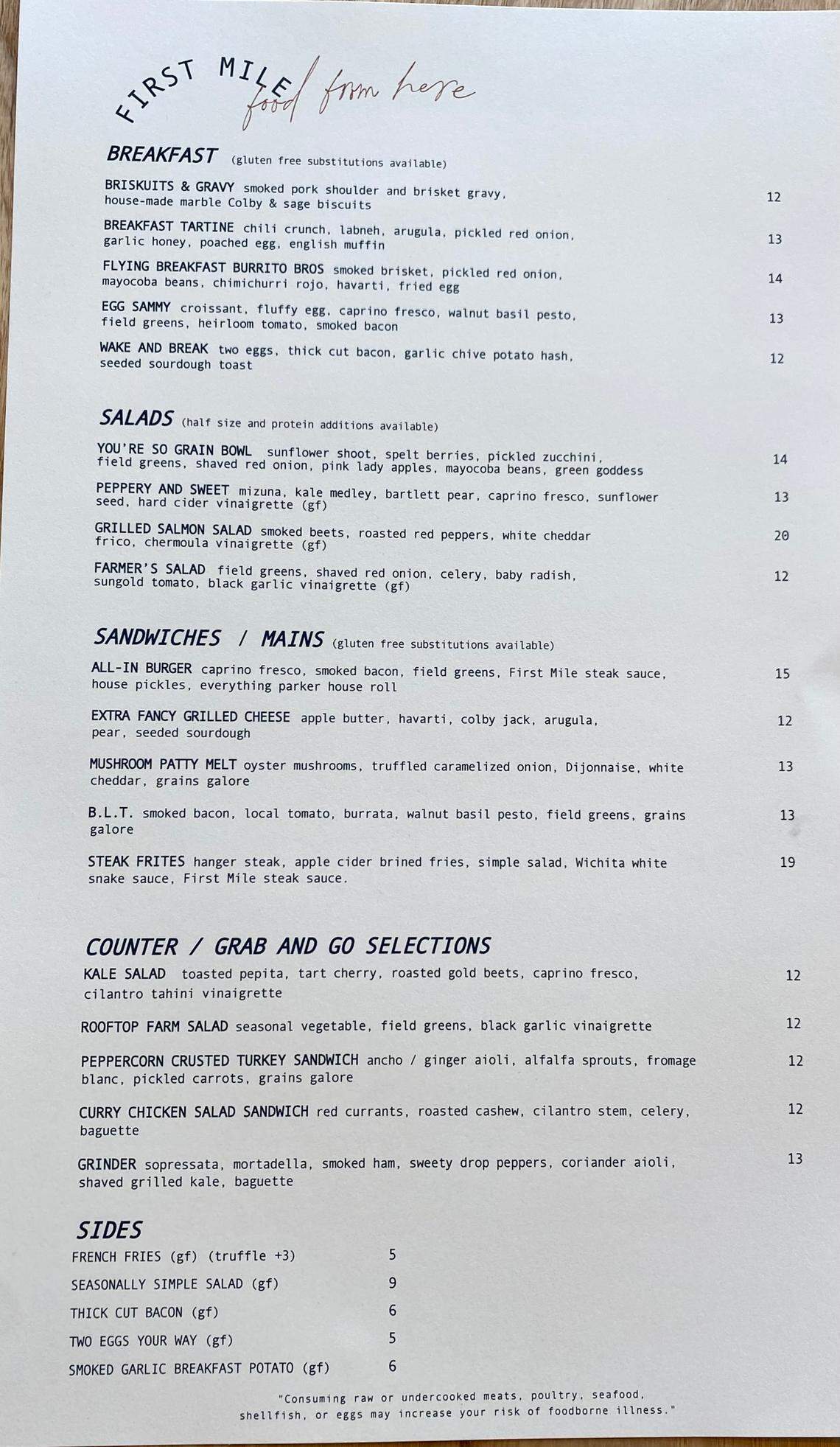 First Mile Cantine menu