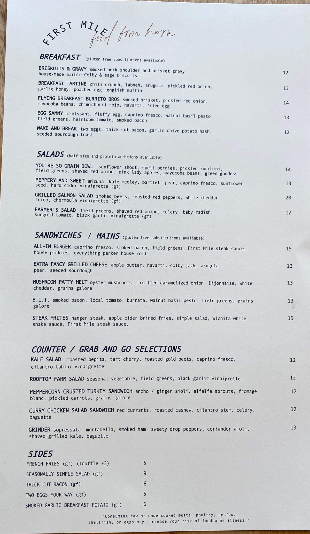 First Mile Cantine menu