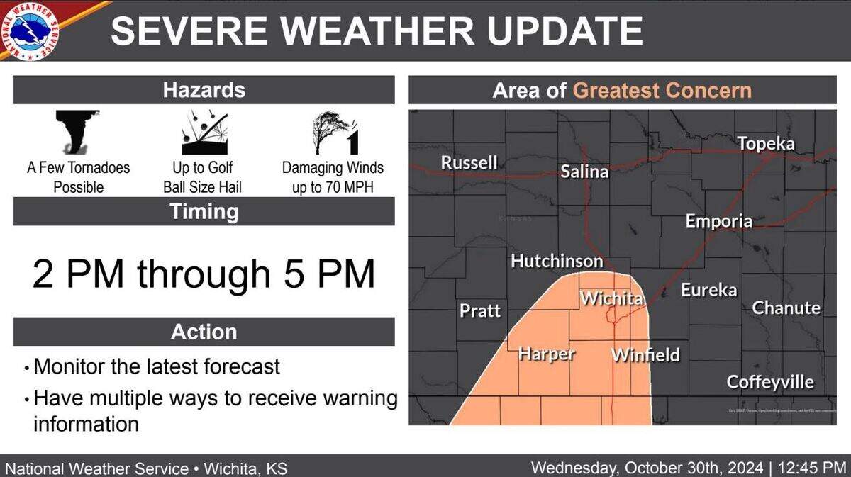 An updated forecast puts Wichita in an area with the greatest concern for severe weather on Wednesday. 