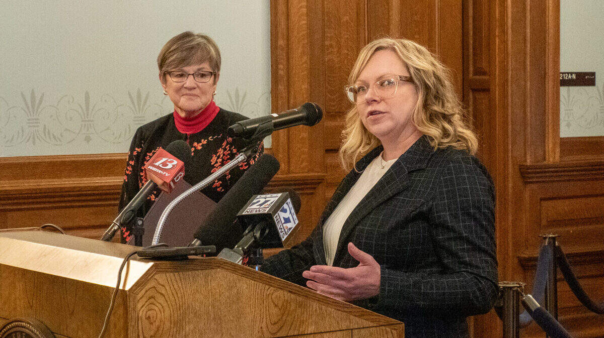 Kansas Gov. Laura Kelly, left, and Kansas Department of Labor secretary Amber Shultz announce the launch of the state’s new online unemployment system Nov. 22, 2024, at the Statehouse in Topeka.