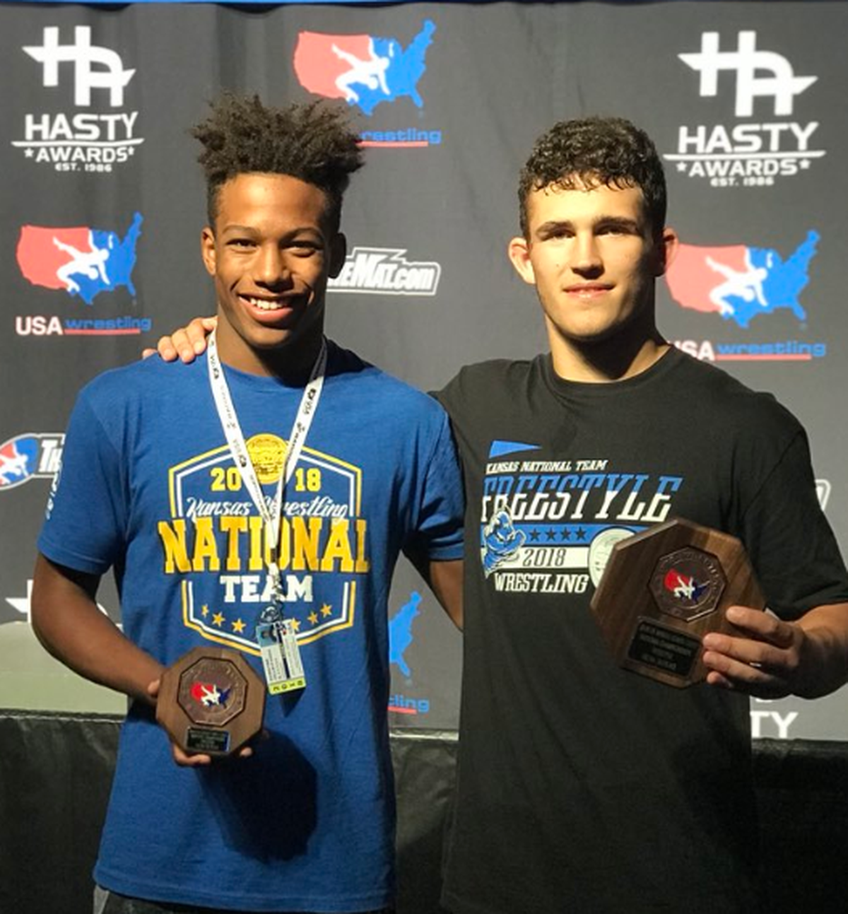 Maize’s Duwayne Villalpando (left) and Kyle Haas (right) finished in the top six at the 2018 U.S. Marine Corps Cadet & Junior National Wrestling Tournament in Fargo, South Dakota.