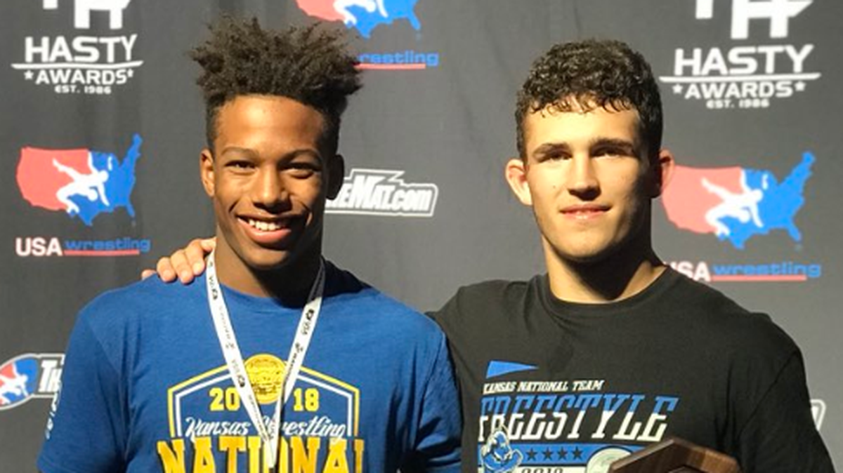 Maize’s Duwayne Villalpando (left) and Kyle Haas (right) finished in the top six at the 2018 U.S. Marine Corps Cadet & Junior National Wrestling Tournament in Fargo, South Dakota.