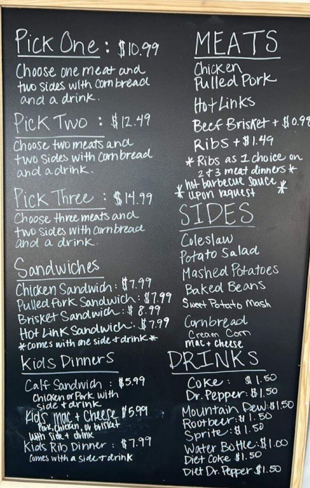 The menu for The Peaceful Pachyderm, a new barbecue restaurant at 141 E. Kay St. in Derby