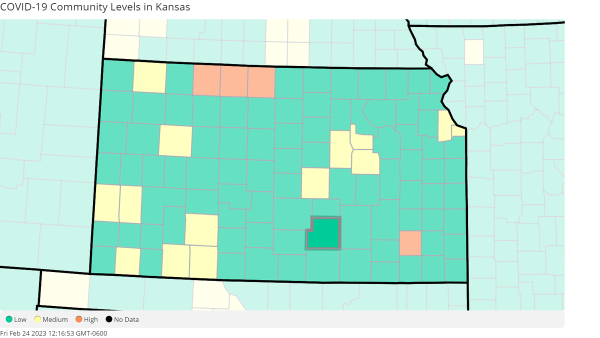 The Kansas COVID-19 community level map, courtesy of the Centers for Disease Control and Prevention.