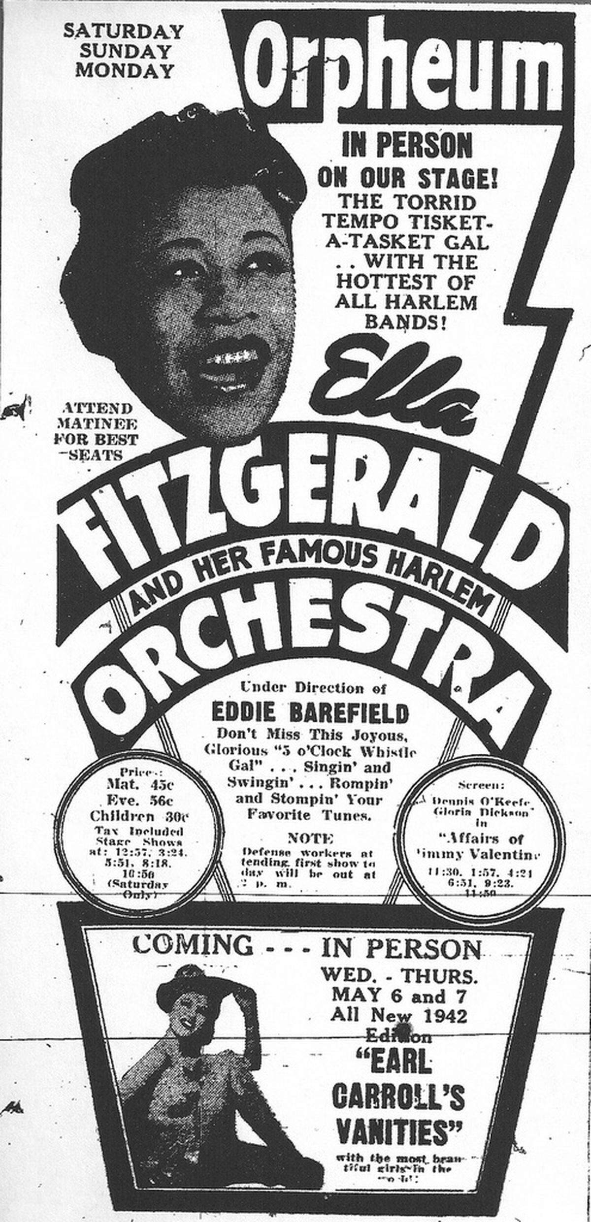 A newspaper ad for Ella Fitzgerald performance at the Orpheum Theatre.